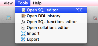 To open SQL editor, click “Tools” and “Open SQL editor”